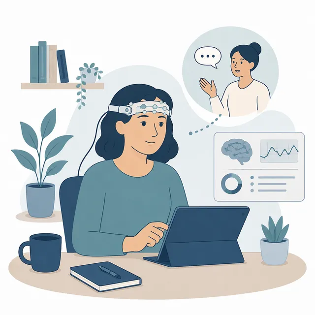 Illustration of a person at home using EEG-based training equipment with a tablet, with a provider consultation and progress summary shown alongside