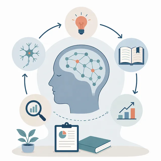 Illustration of a head with a connected network motif, surrounded by icons representing curiosity, learning, tracking, and progress
