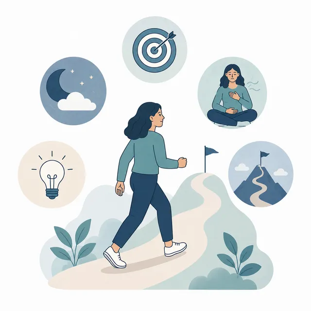Illustration of a person on a path surrounded by icons representing focus, calm, sleep, ideas, and resilience
