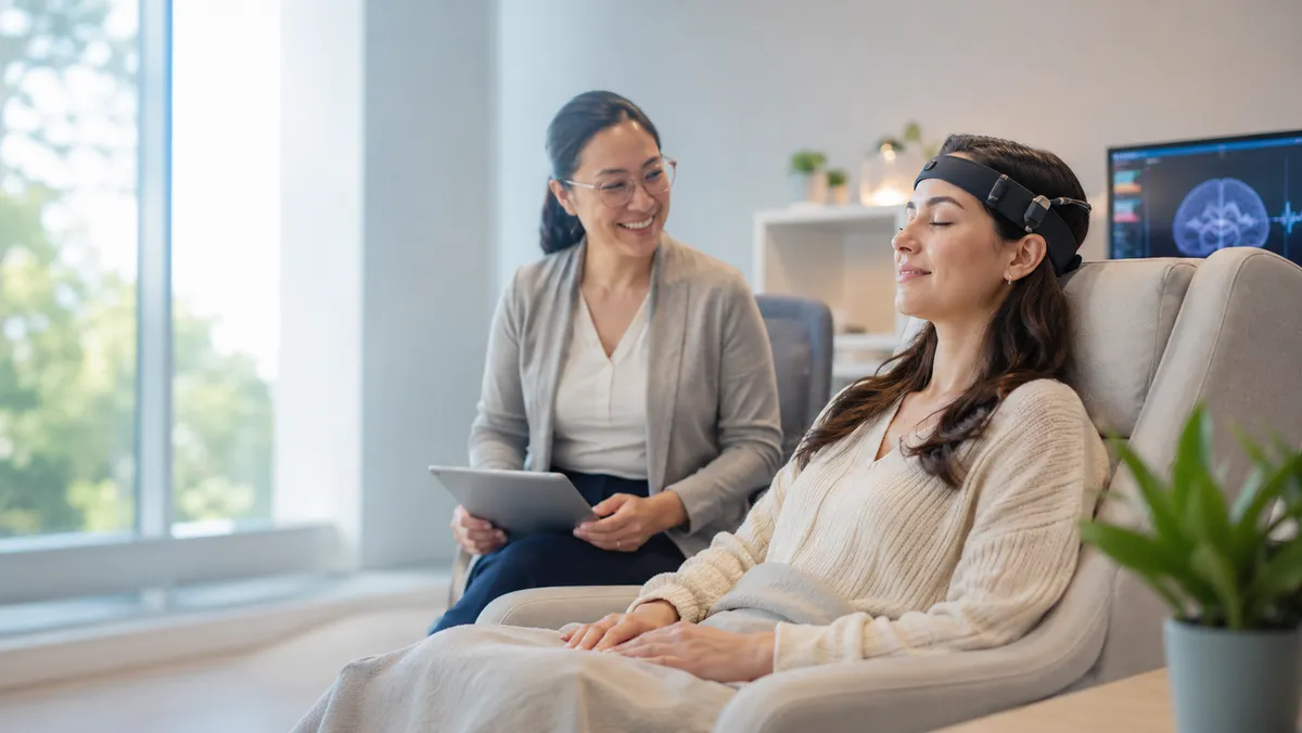 Provider seated beside a person using EEG-based neurofeedback equipment during a training session