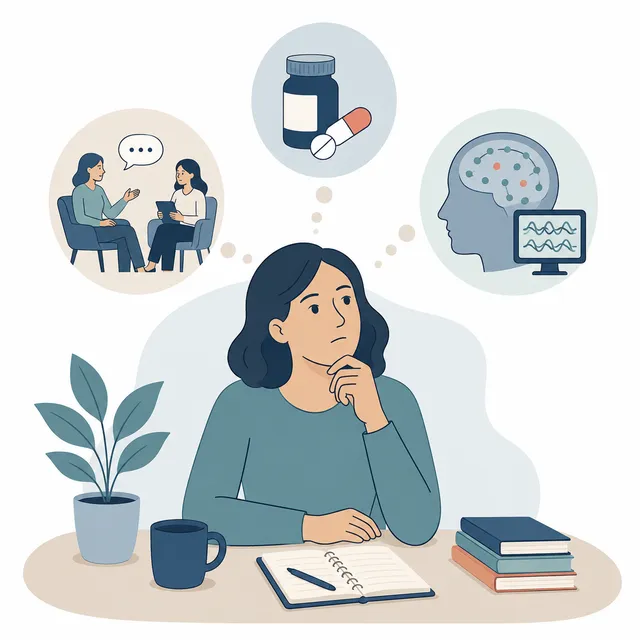 Illustration of a person thoughtfully weighing different options, including talk therapy, medication, and brain-monitoring technology